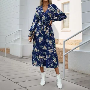 New Arrival Vintage Floral V-Neck Swing Dress for Women XL Size Casual Midi Spring Wear with Natural Waistline Slit