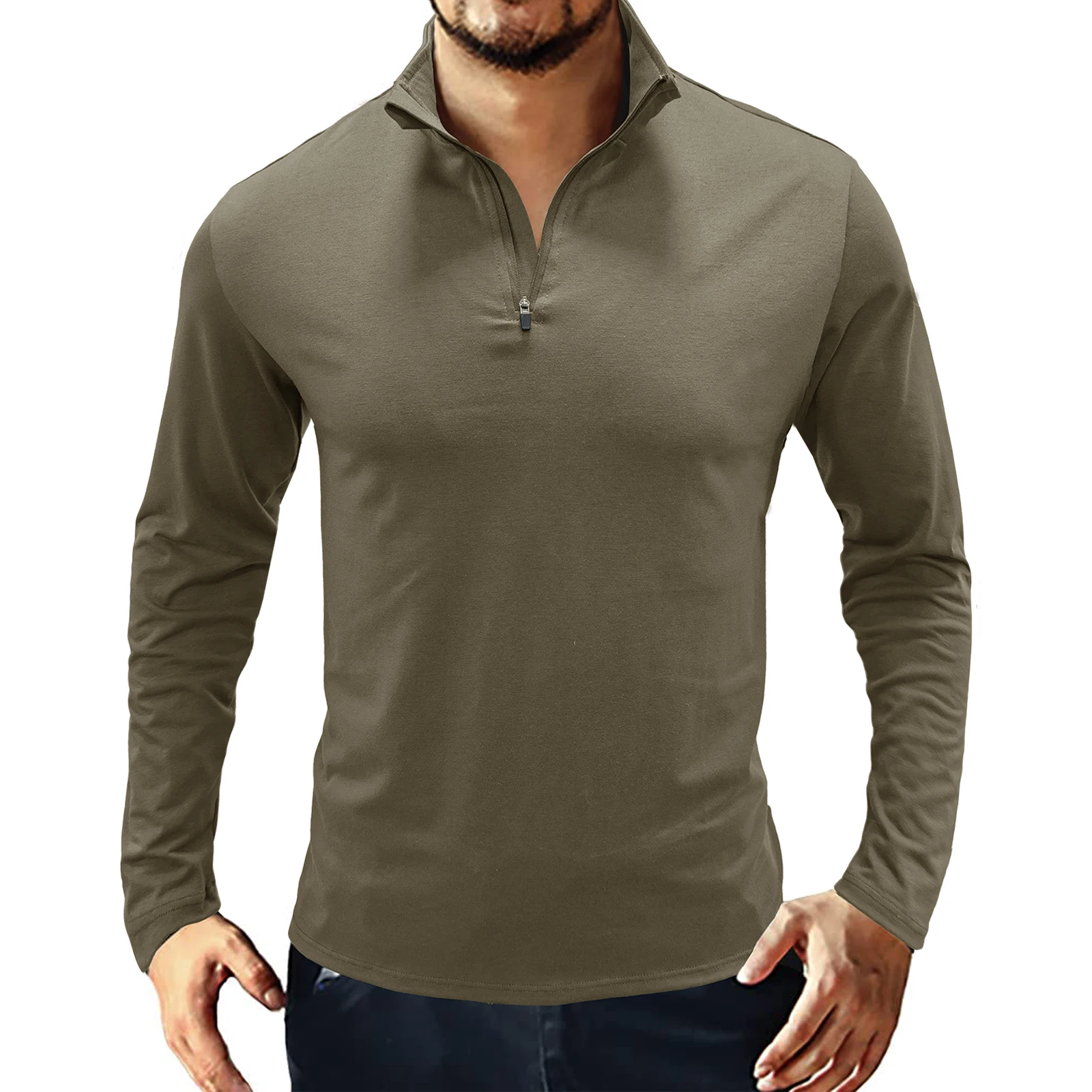 T-shirt da uomo Europea Americana colletto rialzato pullover con cerniera Polo camicia da combattimento a maniche lunghe da allenamento957_voghion.com