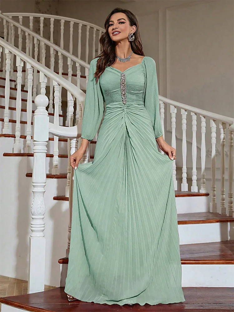 Muslim Women's Sage Green Pleated Chiffon Abaya with Rhinestone Detailing &  Ruched Waist Elegant Formal Islamic Robe Dress| Alibaba.com