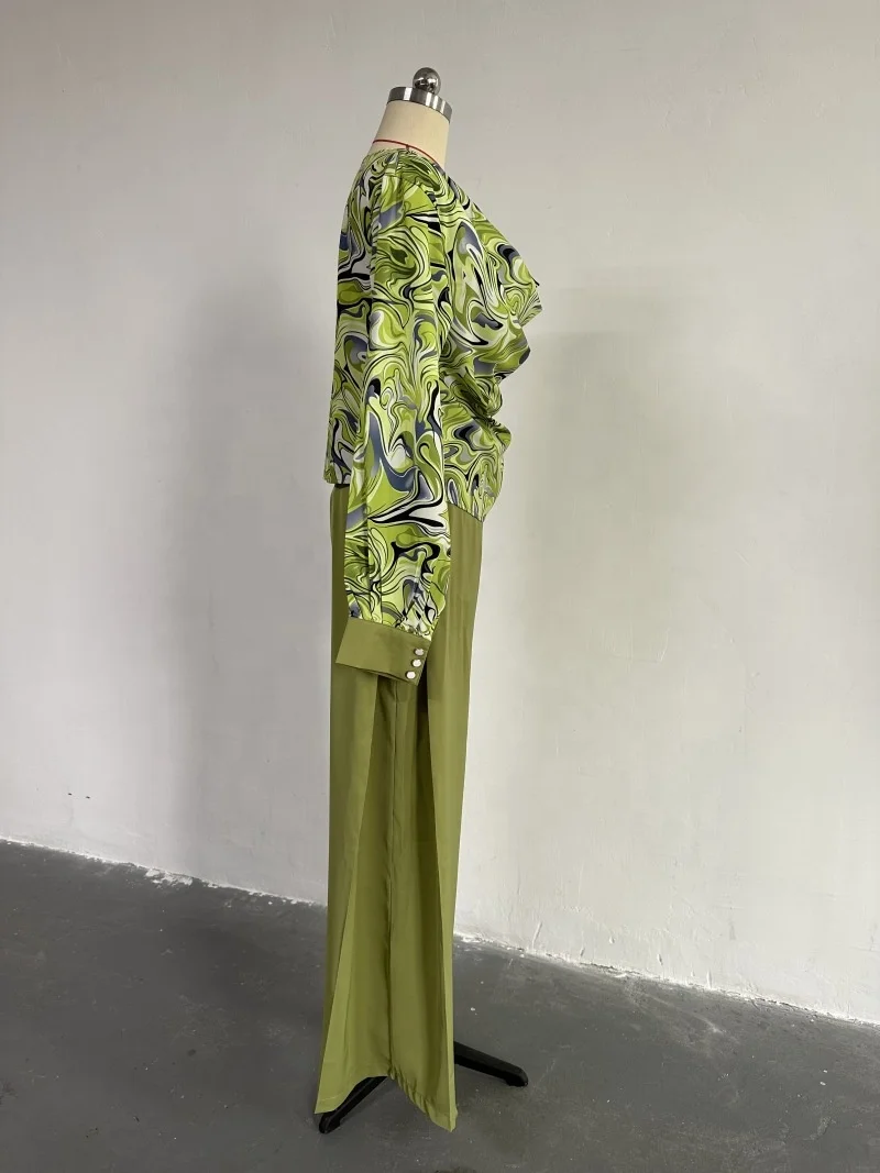 Spot Women's Spring New Printed Lantern Sleeve Shirt Wide Leg Pants Casual Suit