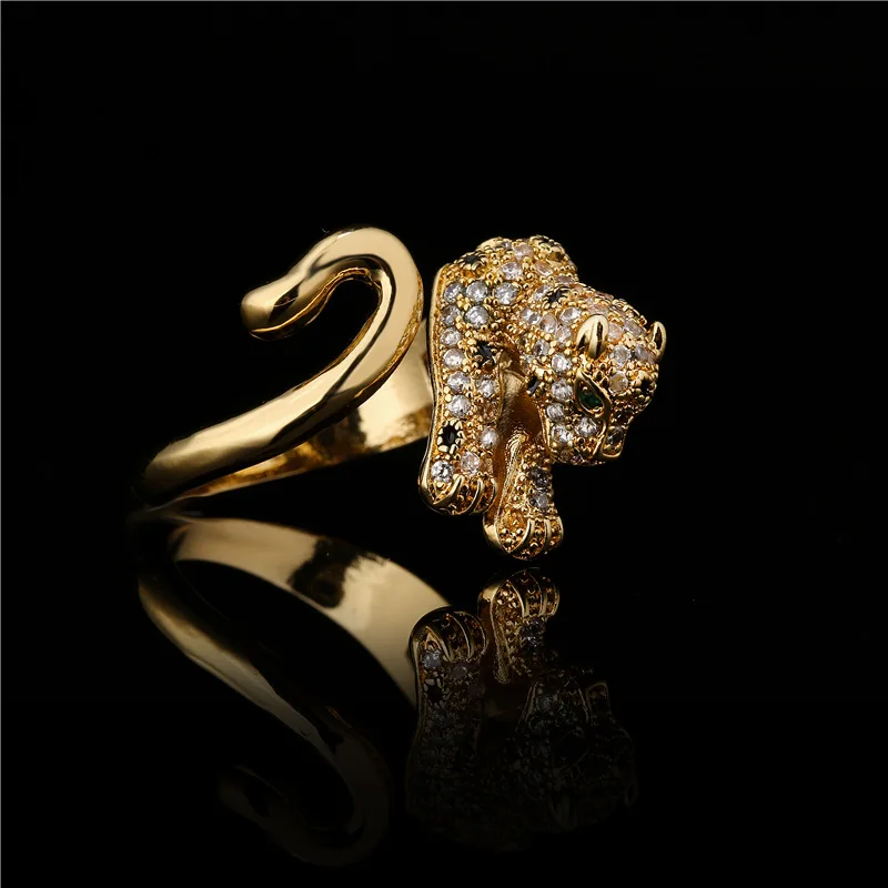 Style Cubic Zirconia Gold Color 3d Stereo Animal Leopard Ring Womens Mens Ring Hiphop Ice Out Bling  Panther Ring