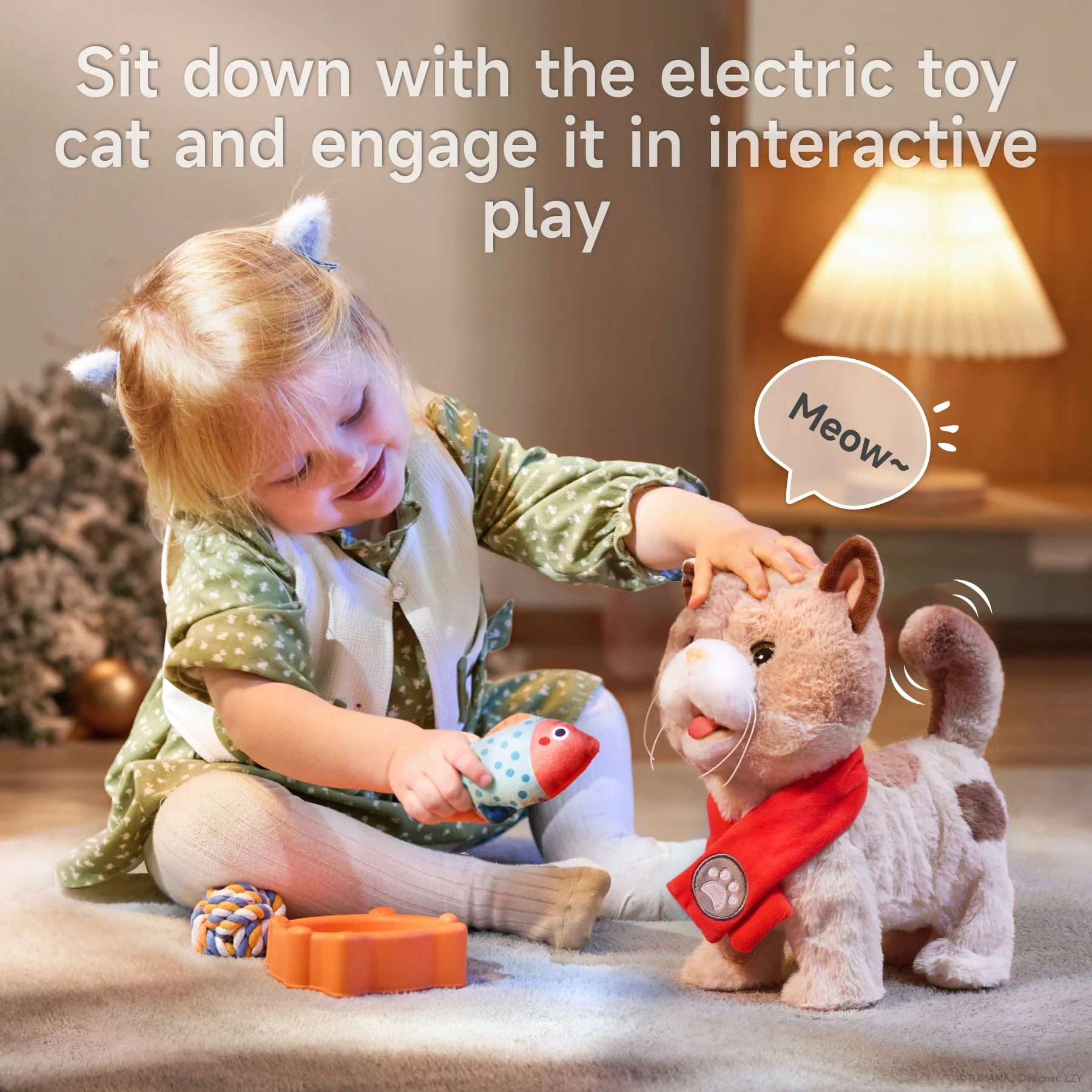 Tumama Kids Interactive Playing Time Toy Wagging Pet Cat Walking Plush Toys Leash Control Electric Kitty with Simulation Voice