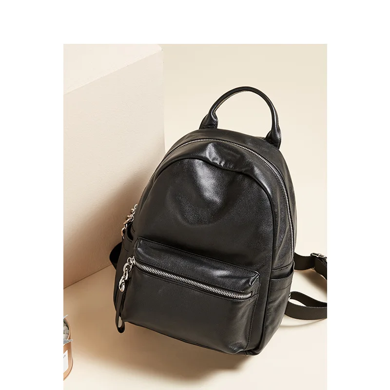 Black School Bag Genuine Real Leather for Female Backpack Bag Pack for Women Full Grain Leather Women’s Backpacks