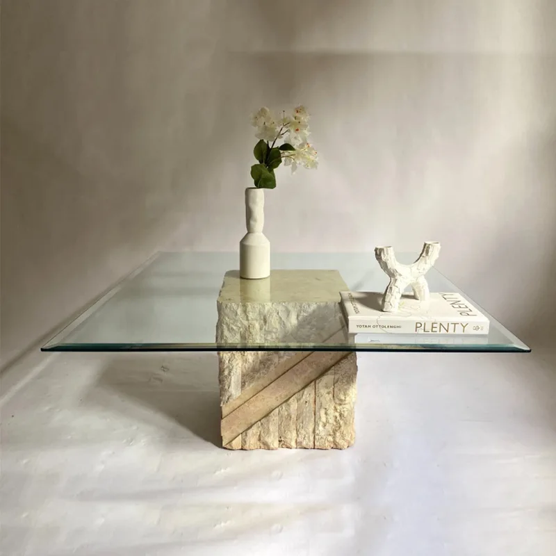 Luxury Stone Art Table square Side End Tempered Glass Table Top With Base Natural Marble Travertine Coffee Center Table Glass