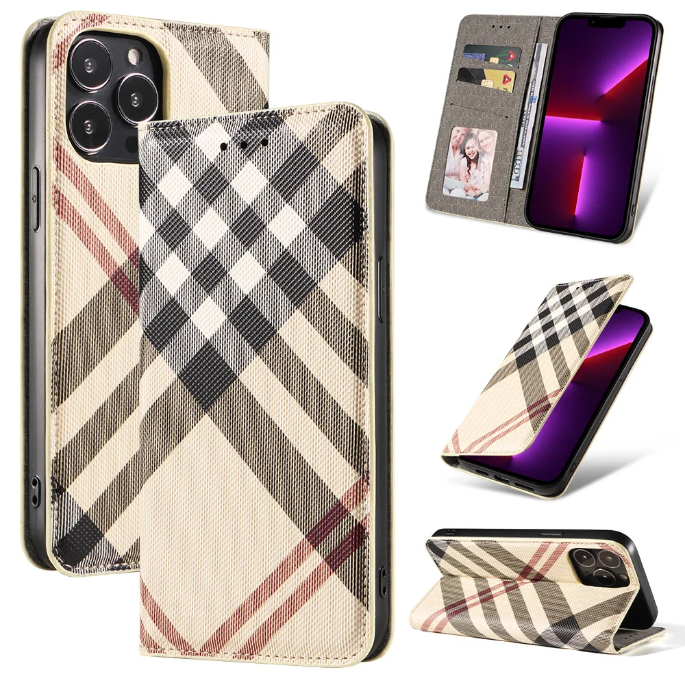 product customize card holder magnet flip wallet lattice pu leather cell phone case for iphone 17 16 pro max 15 14 protective cover-4