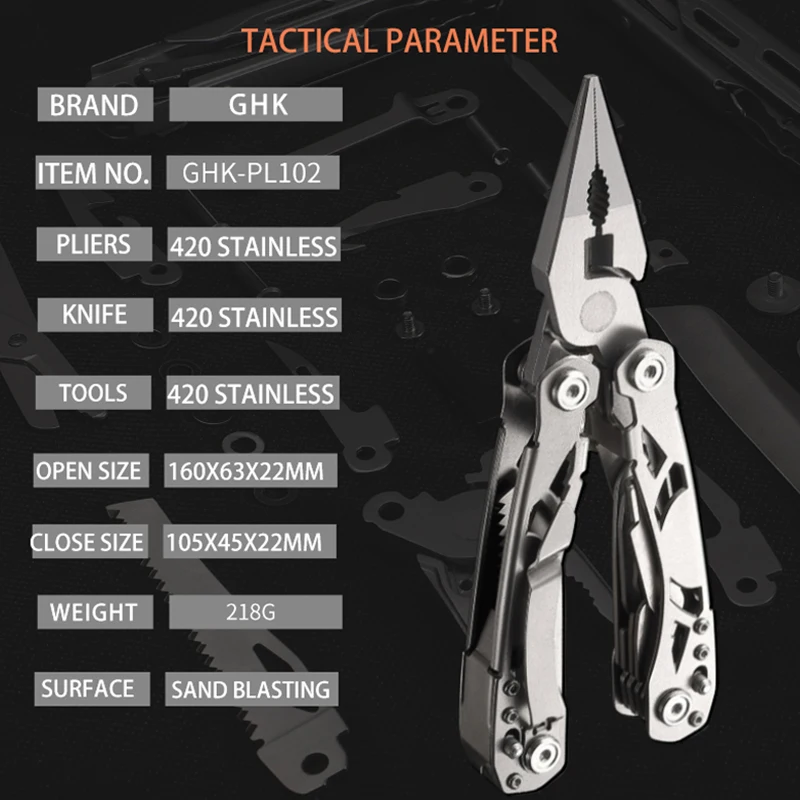 GHK 15-Function Outdoor Multitool Safe Locking Steel  New Design OEM Customizable Multi-Functional Folding Pliers