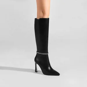 Moncheer Women's Elegant Knee-High Stiletto Boots Rhinestone Ankle Strap Pointed Toe High Heel Winter Boots Spring Summer Autumn