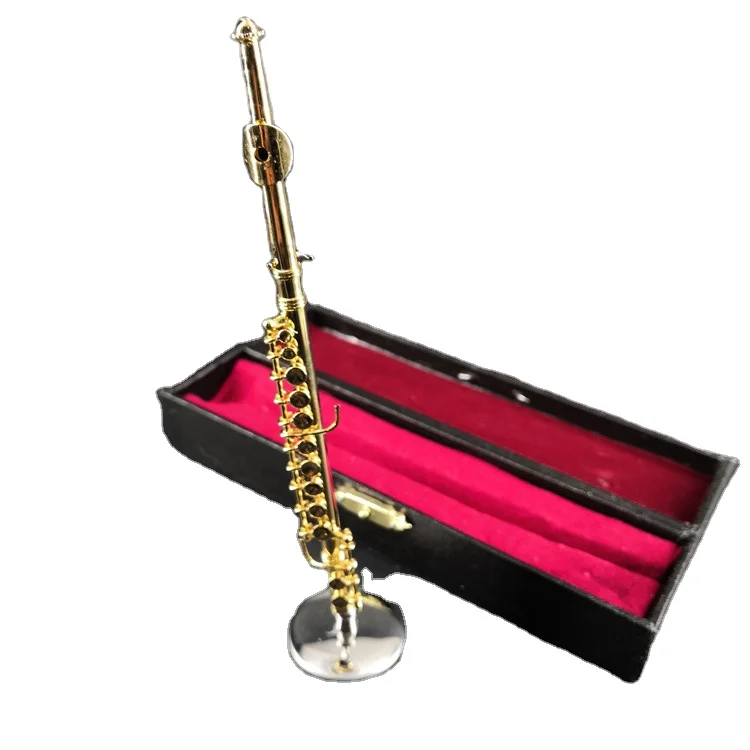 Flûte Miniature Décorative 11 Cm - Modèle Doré Avec Support Et étui - Ornement De Bureau Ou Cadeau
