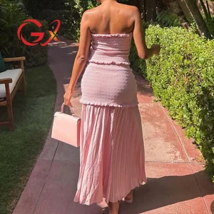 GX4192 Fashion Summer Women Clothing Boutique Sexy Street Wear Ladies Sleeveless Tube Knitted Tops and Long Skirt 2 Piece Set