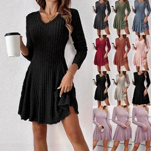2025 Hot Selling Women Sexy Solid Pattern Dress V-Neck A-Line Long Sleeve Dress Slim-Fit Knee Length Dress