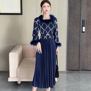 High-end Style Plus-size Dress with Fluffy Fabric and Belt Wholesale with Belt Included Miyake Pleated Dress