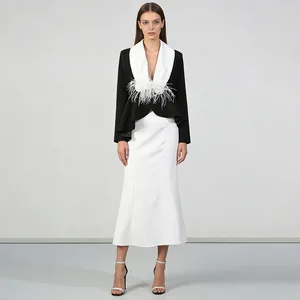 Autumn New Deep V-neck Fitted Waist Short Suit High-waisted Fishtail Skirt and French Color-blocked Skirt Set