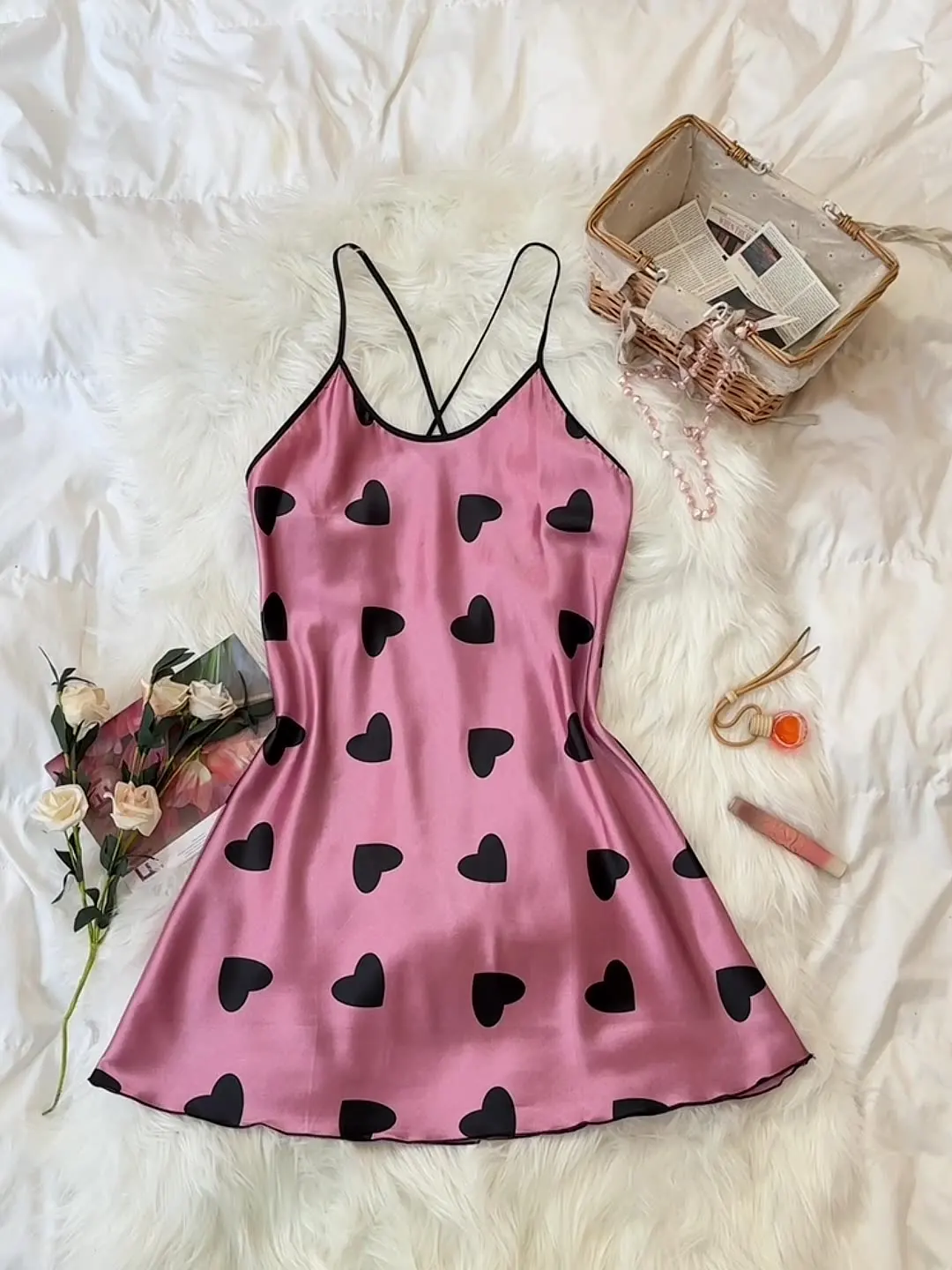 2024 New Summer Ice Silk Pajamas Printing Pajamas Polyester Sexy Nightgown Sling Pajamas Nightdress