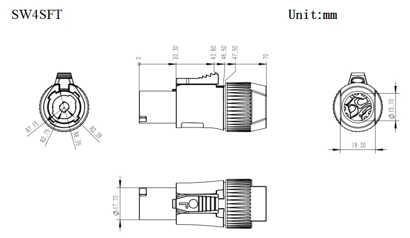 4-Pin Female Speaker Connector Glass Reinforced Alloy Nylon Housing with 3P Male for 6-15mm Cable Copper LED Wire Connections