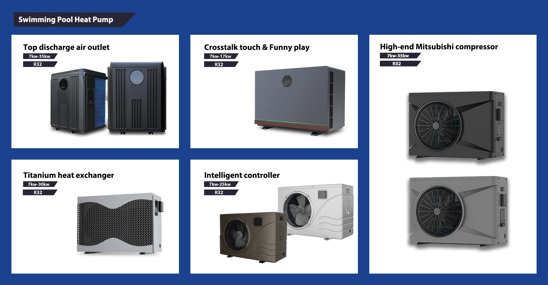 Mitsubishi Compressor Full DC Inverter R32 Pool Heat Pump