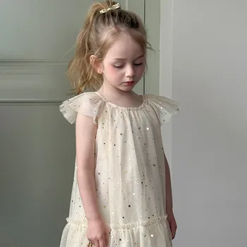 Korean Style High-End Princess Doll Baby Dress for Girls Summer Sleeveless Lace Decoration Sweet Cute Mesh Birthday Skirt