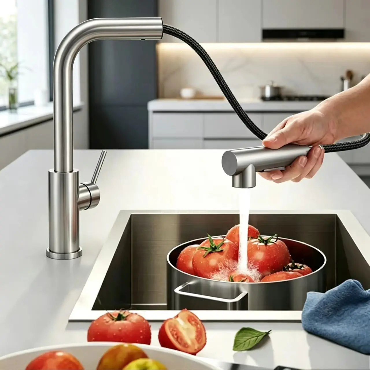 Dual function kitchen sink faucet detail Hot cold water mixer with purifier spout