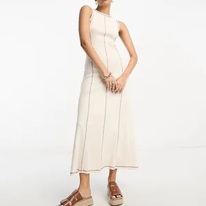 Top Selling Women's Solid Crew Neck Sleeveless Contrast Stitch Slim Casual Midi Dress
