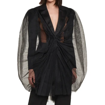 Custom pad shoulder satin lapel backless cutout sexy wool blend blazer sheer tulle paneled plain black suit jacket for women