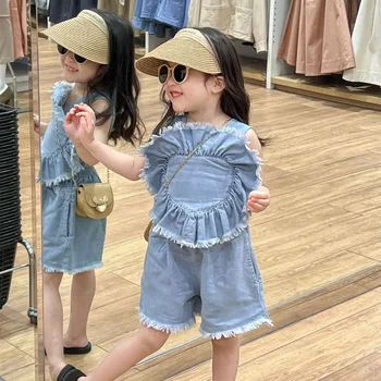 Kids' Wear 2024 new ins girls' summer sweet Western style love denim halter shorts set
