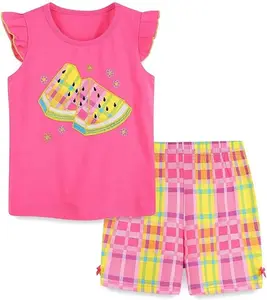 Customizable Girls Summer Outfit Cotton Top and Shorts Clothing Set for 2-14 Years