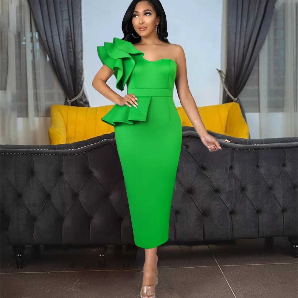 Green Ruffle Large Size Slit Dress Round Neck Ruffle Ladies Sexy Long Sleeveless Long Evening Dress Green Ruffle Large Size Slit Dress Round Neck Ruffle Ladies Sexy Long Sleeveless Long Evening Dress