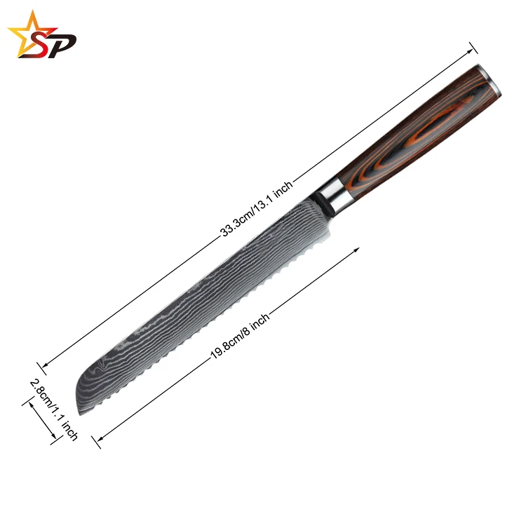 Высокое качество 8 дюймов vg10 67 слоев дамасской стали кухонный нож Pakka Деревянная Ручка дамасский для хлеба