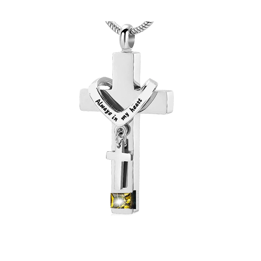 Cross With Birthstone Urn Necklaces for Ashes Stainless Steel Memorial Cremation Pendant Jewelry Keepsake for Human or Pet Gift
