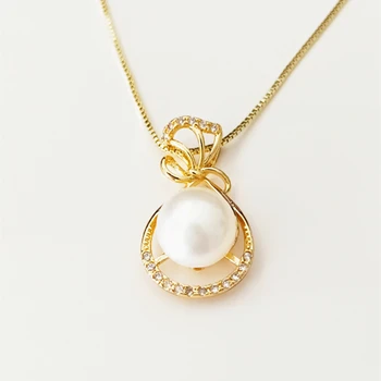 Round White Pearl Trendy Necklace Pearl Pendant 14K Gold Plated Pearl Pendant With CZ Crystal