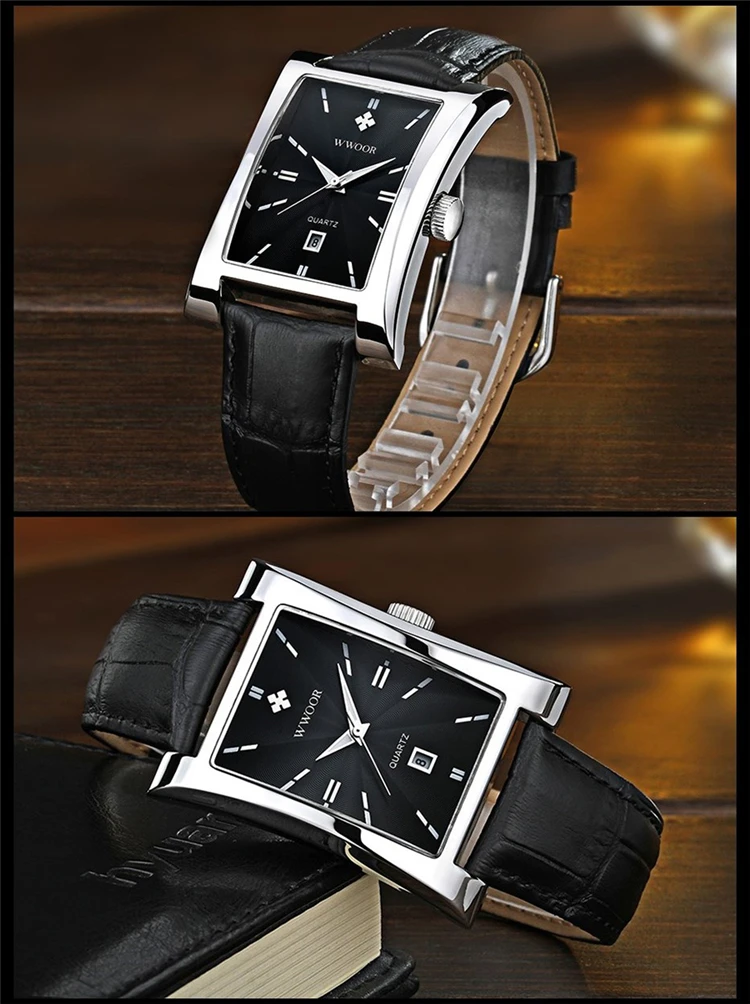 WWOOR 8017 Men's Square Watches Top Brand fashion Leather Strap Quartz Waterproof Date Clock Male Casual Business Wrist Watch