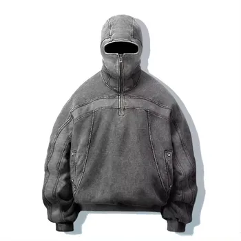 New Fashion wholesale drop shoulder vintage black hooded sweater custom mineral acid wash full face zip up hoodie men