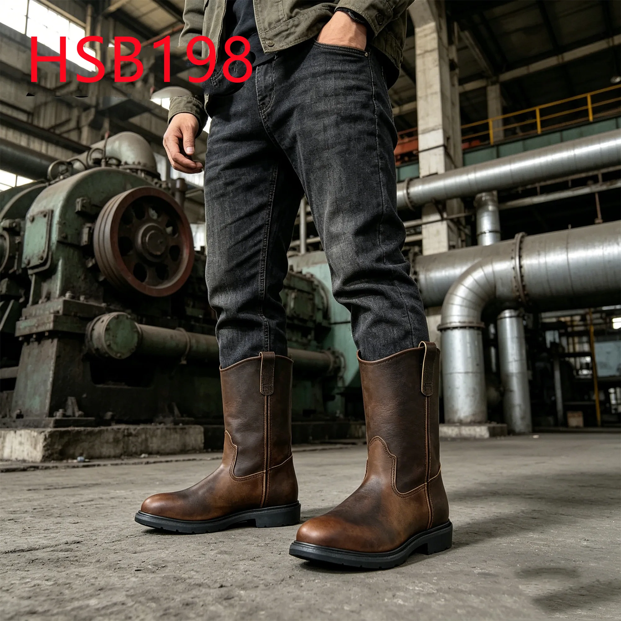 HY,PNG Popular Crazy Horse Leather High-Calf Brown Safety Shoes Heavy Manufacturing Steel Toe Insert Mining Work Boots HSB198