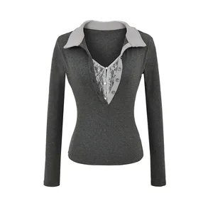 Lace Patchwork Long Sleeve T-Shirt for Women Autumn New Waist-Cinching Elegant Chic Top 2026 New Arrivals