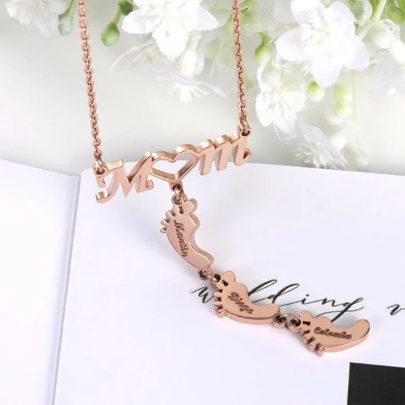 Mom Necklace Custom Baby Feet Engrave Initial Name Date Personalized