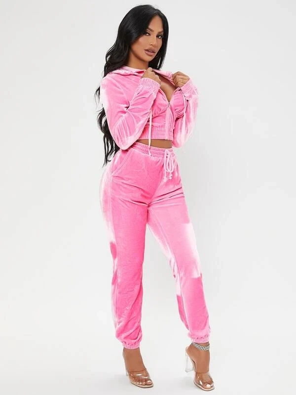 Ky Pink Velour Tracksuit Zip Up Drawstring Velvet Crop Hooded Jacket
