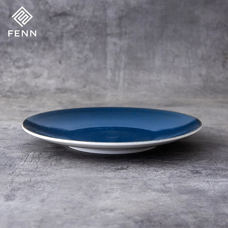 European Reactive Blue Color Round Steak Plate Platos Para Hotel Porcelain Dinning Flat Plate Ceramic For Wedding Hotel