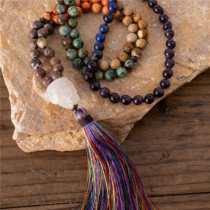 Handmade 7 Chakra Multi Colors Natural Stone 108 Mala Beads Necklace With Tassel Yoga Meditation Jewelry Friends Gifts Wholesale