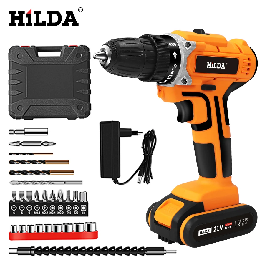 Hilda 21V Power Drills Set Hand Drilling Dril Machine Impact Driver Cordless Charging Electric Drill