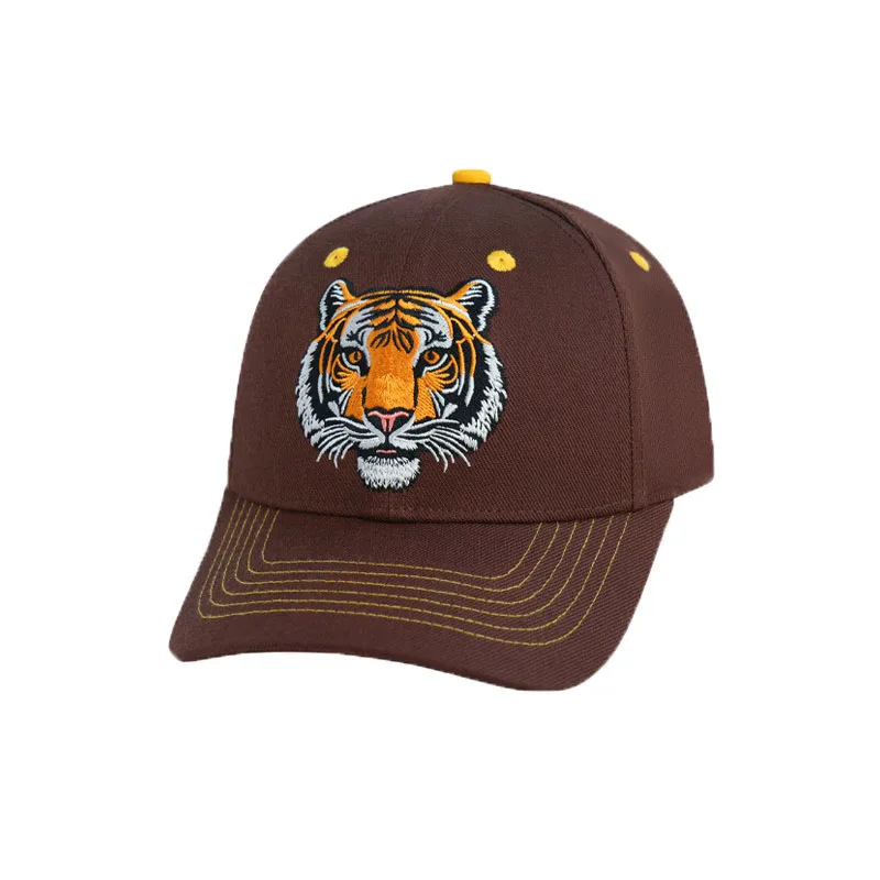Custom Brown 6-Panel Structured Cotton Baseball Cap Street Style Snapback Hat with Tiger Embroidery Logo and Curved Brim