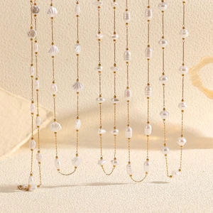 Baroque Pearl Necklace Irregular Shape Triangle Cylinder Shell Round Bean Beaded Drum Stainless Steel Fine Necklace for Women