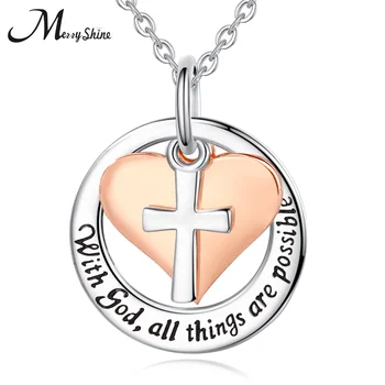 Merryshine unique design 925 sterling silver small cross and heart religious jewelry necklaces