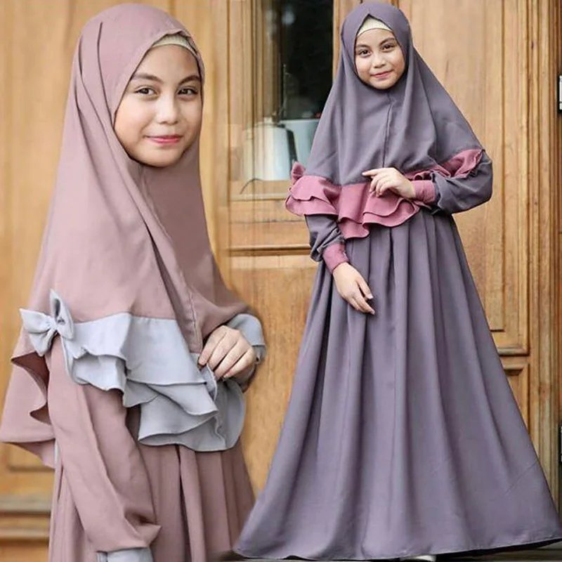 Muslim Kids Girls Prayer Scarf Hijab Dress Set Islamic Kaftan Abaya Jilbab Robe 