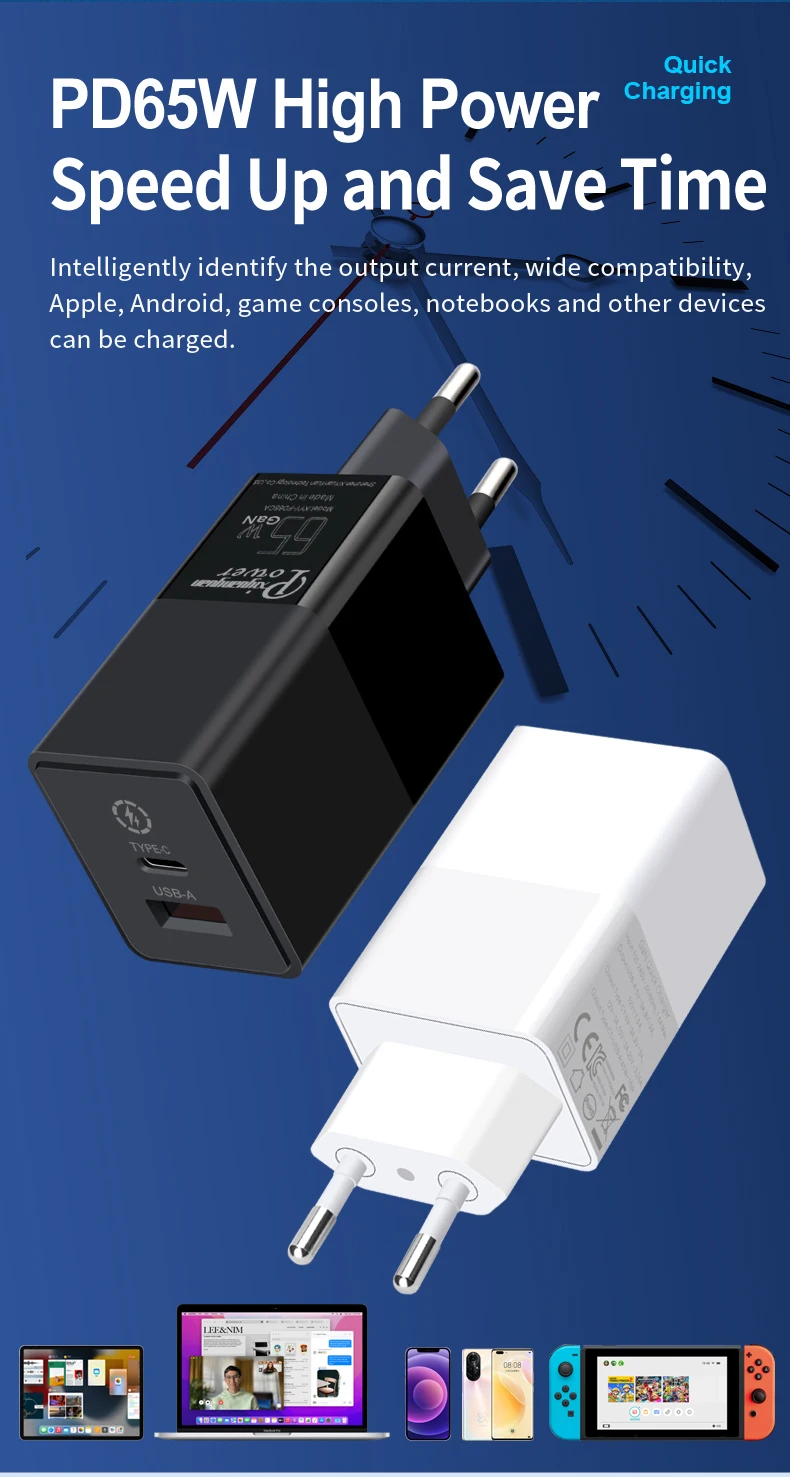 65w fast charger with gan tech eu plug for xiaomi mi 65w eu wall charger pps gan for apple android