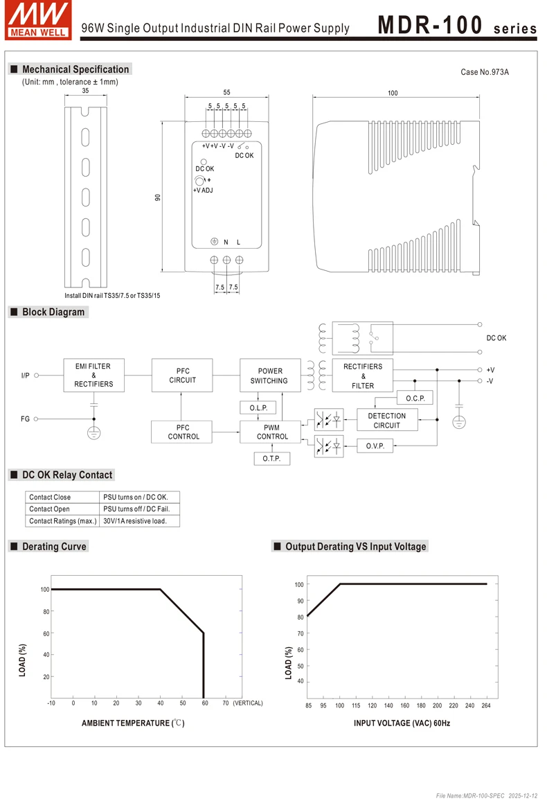MEAN WELL MDR Series 10W to 100W DIN Rail Mount PSU Low No Load Loss <0.75W for Building Automation and Smart Home
