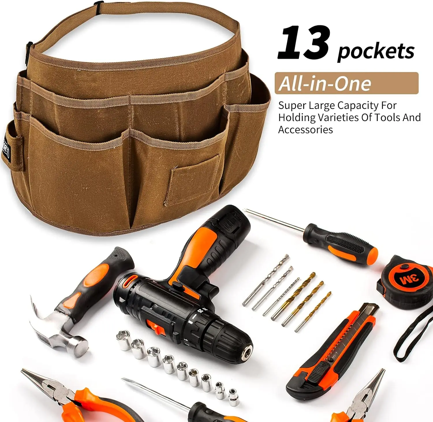 Canvas Waist Work Tool Belts with 13 Pockets