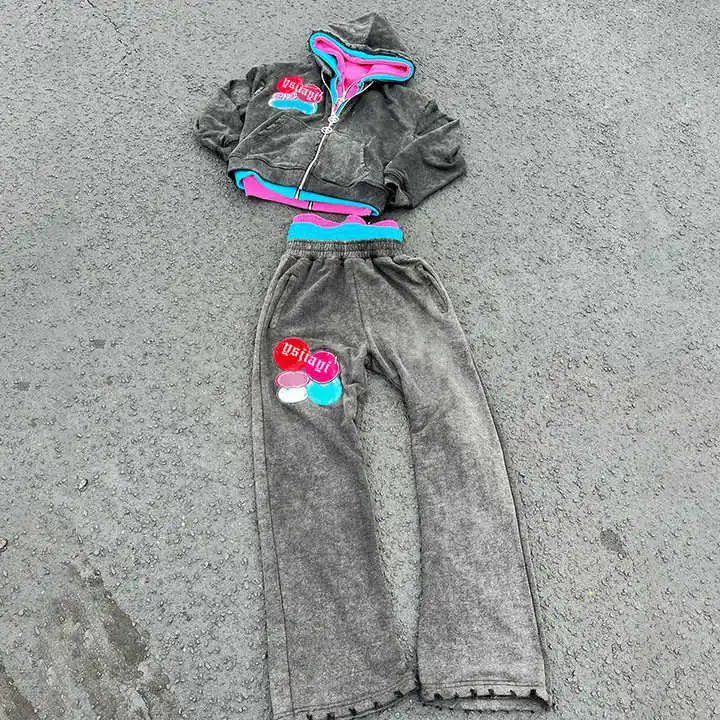 Salati Streetwear Custom Vintage Jogging Set Triple Zip Layer Acid Wash Zip up Hoodies and Sweatpants Set Patch Men Tracksuits gallery 3