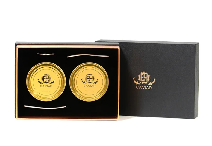 Wholesale metal 50g gold round empty caviar tin box spoon custom caviar tins can for caviar packing with tin lid factory