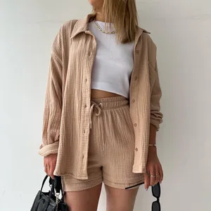 Women's Casual Suits Large Size Two-Piece Set with Long Sleeve Shirt and Above-Knee Shorts Solid Knitting Fabric