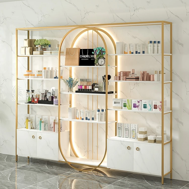 Luxury Gold Stainless Steel Cosmetic Display Cabinet with LED Light Beauty Salon Skincare Showcase Makeup Display Rack
