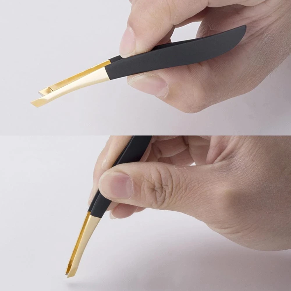 Whole sale Hair Removal Makeup Tool Golden Head Slanted Stainless Steel Tweezer Trimmer Eyelash Clip Eyebrow Tweezer